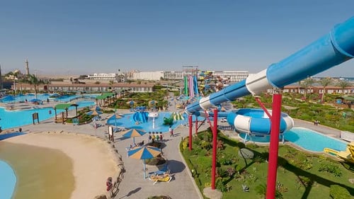 Panorama of the Aquapark Sliders, Aqua Park, Water Park Aquapark Sliders With Pool. A Water Park on