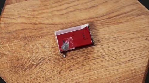 Damaged Cell Phone Battery on Wooden Surface