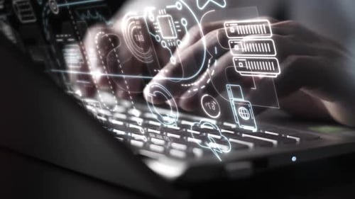 Programmer Developing Innovative Software on Laptop with Abstract Data