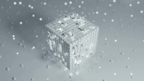 Cube blanc futuriste avec éléments lumineux. Animation de rendu 3D en boucle fluide