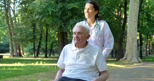 Doctor, nurse, care for the elderly, girl (woman) and grandfather sitting in a wheelchair, walking