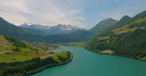 Aerial view of the lake in Swiss Alps