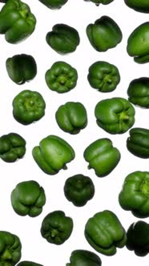 Vertical Floating Green Bell Peppers on White
