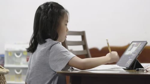 Asian little Elementary school girl student is taking online lessons during the covid-19 epidemic at