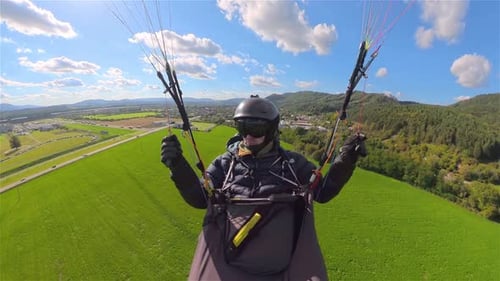 Paraglider Flying Over Green Countryside Nature, Paragliding Freedom