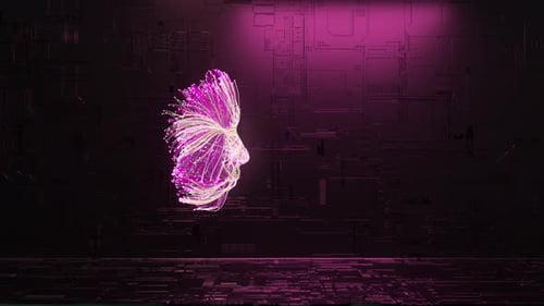 The Concept of Creating AI The Neural System is Improved and Creates a Human Face Purple Neon Color