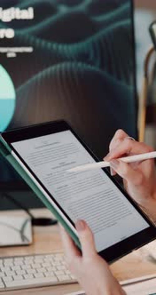 Hands, university student or reading tablet screen in home for thesis review