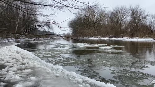 Drift of Ice on the River Chunks of Ice and Snow in the River