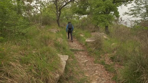 Young man hiking mountain road or path with backpack