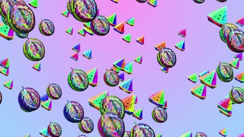 Nutrition qui tombe de la pastèque en tranches, animation de la chute de la pastèque. Ralentissement de la pastèque qui tombe