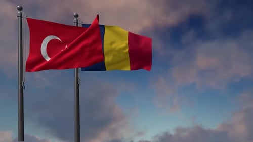 Turkey And Romania Flags Waving In Cloudy Sky
