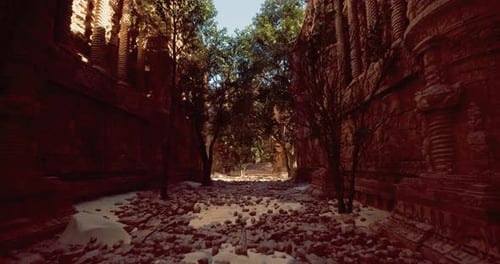 Ruines anciennes baignées de soleil avec des pierres éparses et une végétation luxuriante