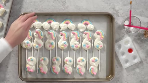 Flat Lay Step By Step Decorating Freshly Baked Unicorn Meringue Pops Cookies