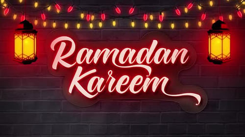 Texte en néon Ramadan Kareem avec lanterne et lumières