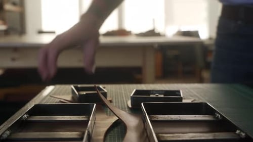 Leather Craftsman Works in His Workshop Master Making Leather Products Man Prepares Leather Sheet