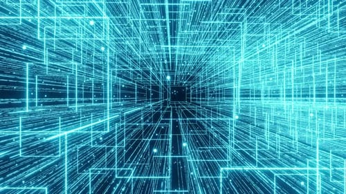 Rendu 3D du cyberespace numérique avec des particules fluides. Système binaire Big Data. Connexion haut débit