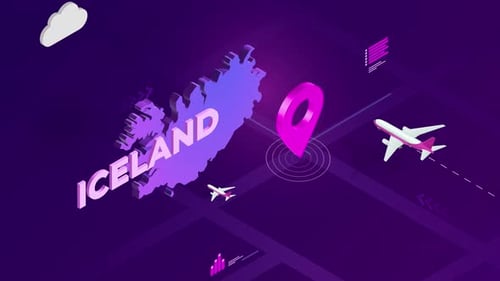Animated Isometric Iceland Map with Planes and Location Pin