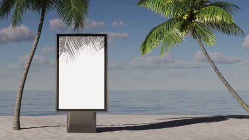 Billboard on the beach with palm trees near the sea