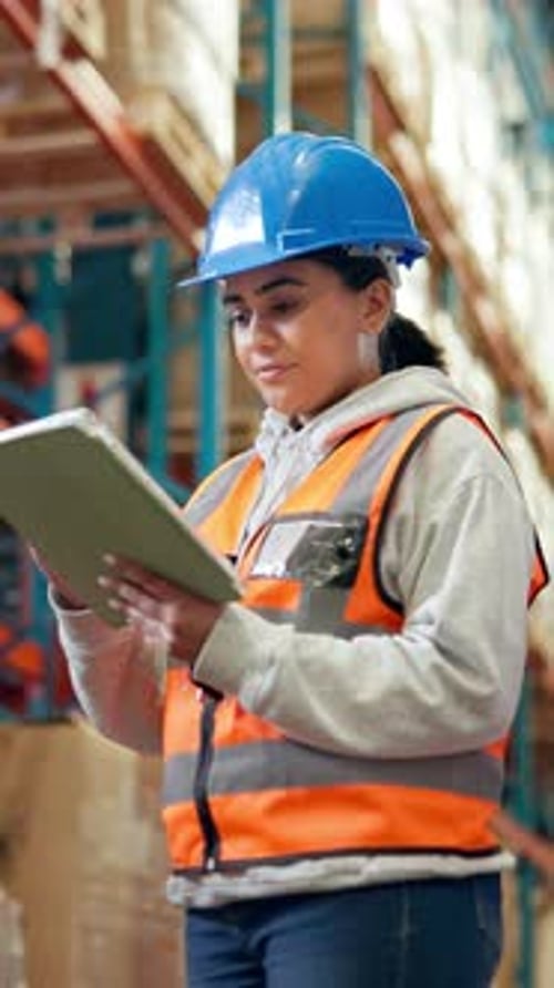 Supply chain, tablet and woman in warehouse for logistics, delivery inventory and quality control