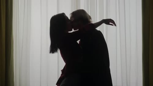 Silhouette of Young Couple Embracing and Kissing Indoors