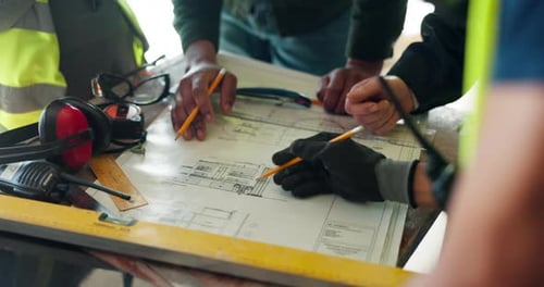 Hands, people and blueprint with drawing for construction layout, floor plan