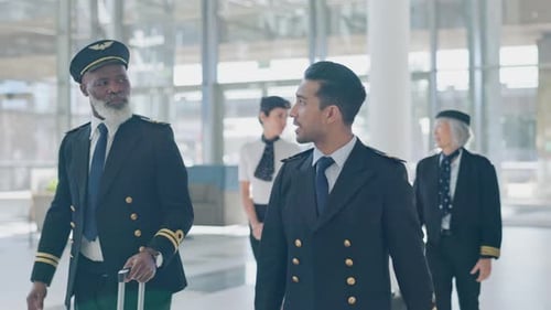 Travel, team and conversation while walking in an airport together for planning