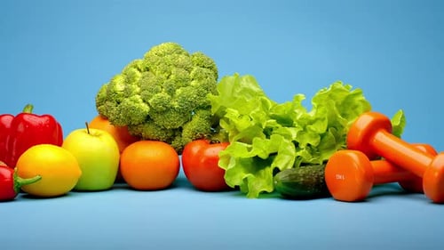 Colorful Produce and Dumbbells Promoting Health and Fitness