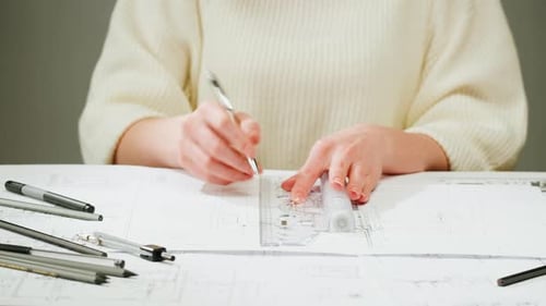 Architect Designer Drawing Plan Blueprint Closeup