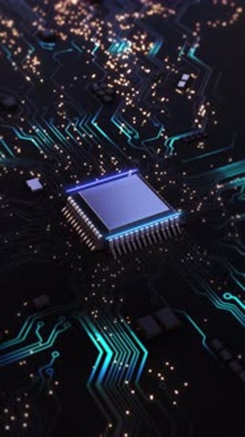Futuristic Digital Circuit Board with CPU Chip and Data Flow