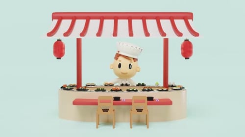 Cheerful Sushi Stall with Cartoon Chef