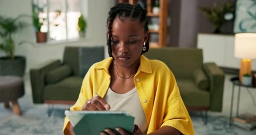 Black woman, relax and stylus with tablet at house for research, drawing sketch
