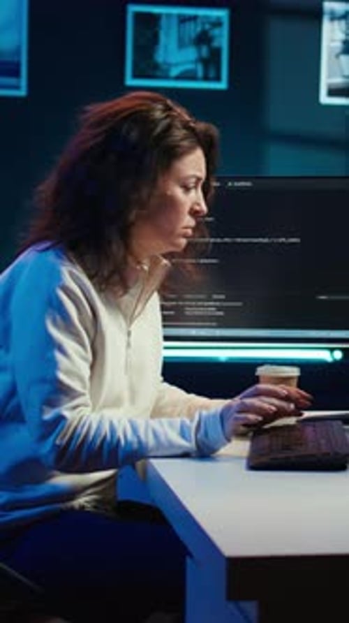 Vertikales Video Müde Frau leidet unter zu viel Stress, der sich beim Programmieren angesammelt hat