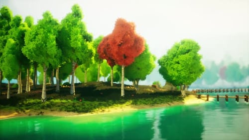 Colorful Cartoon Forest at Sunset