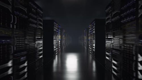 Data center servers running with lights blinking in a dark room setting