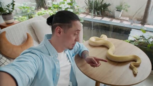 POV d'un homme parlant à la caméra d'un serpent albinos