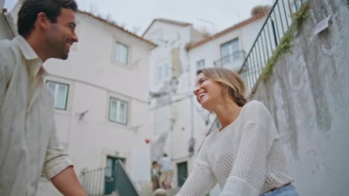 Embracing Spouses Enjoying Love Mediterranean Town Closeup Man Swirling Woman