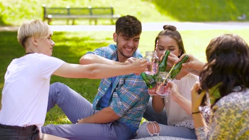 Leisure, People and Celebration Concept - Happy Friends Clinking Non Alcoholic Drinks