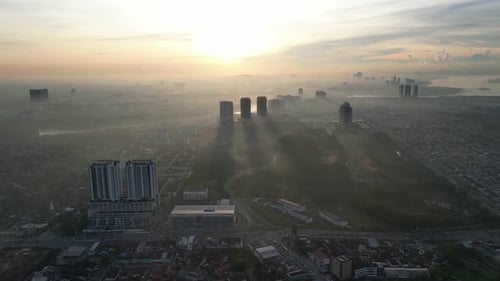 A city skyline with a large building in the middle. Aerial view Larkin, Johor