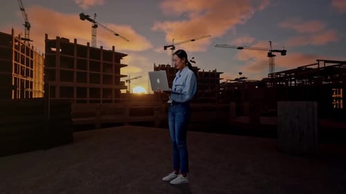Asia Female Use Laptop And Feels Dissapionted At Building Site
