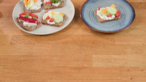 Vegetable Toasts on Wooden Table