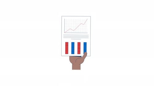 Mão segurando gráficos de linhas e colunas, relatório infográfico, animação 2D