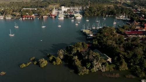 Flying To Marina With Boats And Yachts In Tropical Resort. Aerial Drone Shot