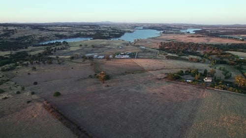 Aerial view of landscape near Tylden with the Upper Coliban Reservoir in the distance, Victoria, Aus