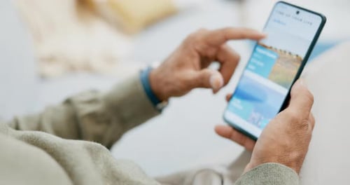 Phone screen, hands and travel search on social media website of a person with accommodation