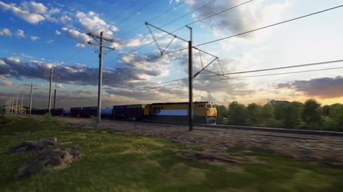 Freight Train Traveling Through a Rural Landscape at Sunset