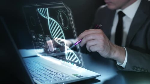 A Man Works With A Virtual Panel With The DNA Structure