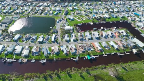 Destroyed By Hurricane Ian Suburban Houses in Florida Mobile Home Residential Area Consequences of