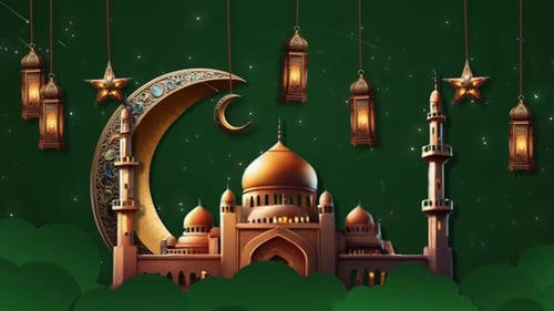Ramadan Karim Animation Background, Beautiful Mosque With Glitter Twinkle Stars Are Moving