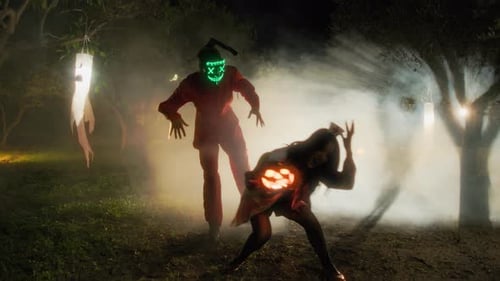 Zombie Woman Walks With Halloween Pumpkin And Gets Scared By Zombie In Forest