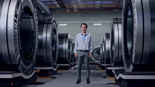 Asian Male Stands And Smiling In Metal Factory